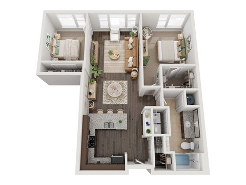Floor plan for 2 beds, 1 bath, 987 sqft